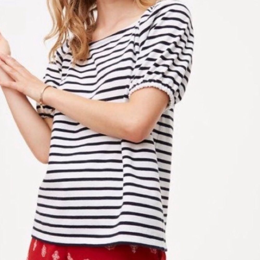 LOFT | Striped Puff Sleeve Top White & Navy Blue M